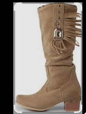 Fringe Accent Tan Suede Mid-Calf Boots - Women